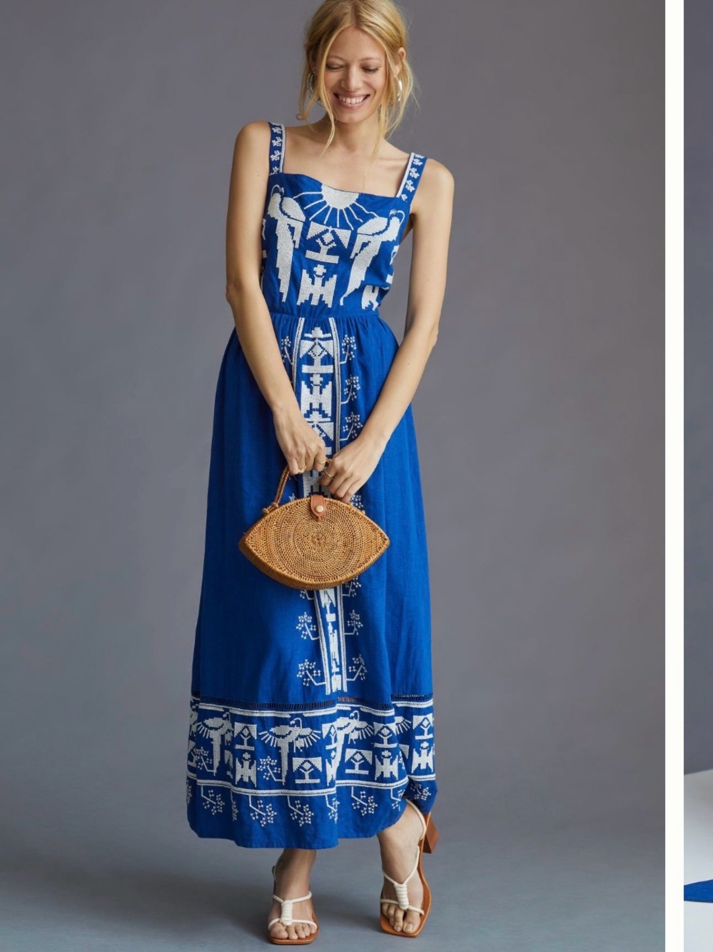 NWT Farm Rio Embroidered Blue Linen Blend Maxi Dress L